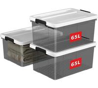 Boîte de rangement transparente Unyqoos® de 65 litres avec couvercle et fermeture à clip, en polypropylène (PP), empilable, transparente