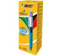 Boîte de stylos à bille - BIC - Grip - Lot de 12 stylos - 4 couleurs - Encre bleu, noir, rouge et vert - Pointe fine