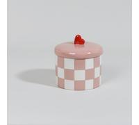 Boîte décorative ronde en porcelaine motif damier rose et blanc 13.5x13.7x13.5cm Blanc
