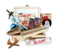 Boîte en bois pour le stockage 16 x 12 x 5 - Kit pour fumeurs + Accessoires pour cigarettes : Papier à rouler Raw + Bulldog + Actitube + Wax + 4 x autocollant