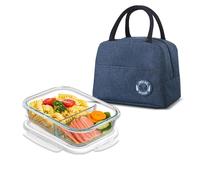 Boite Lunch Verre avec Sac, 1040ml Boite en Verre 2 Compartiment avec Couvercle Alimentaire, Lavable Lave-Vaisselle, Étanche, Boîte de Conservation Cuisinez au four, Conservez et Réchauffez