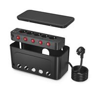 Boite Rangement Cable avec Multiprise,Boite Cache Cable Prise Multiple USB | Cache Multiprise 5 Prises avec Interrupteur Individuel,Parafoudre et Surtension,Rallonge Electrique 1,5m,Pour Bureau,Noir