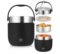 Boîte Repas Isotherme 1200ml,Thermos Alimentaire Chaud, pour Bureau, Noir | Récipient Alimentaire Isotherme Anti-Fuites avec Cuillère, Thermos pour Déjeuner Garde au Chaud/Froid , École, Pique-nique