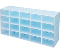 Boîtes à chaussures, set de 20, bleu, empilables en PP/ABS avec couvercle rabattable transparent, pliables