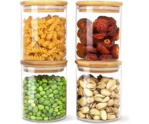 Boîtes à provisions en verre Set de 4 pièces 500ml Couvercle en bambou Étiquettes en verre borosilicaté