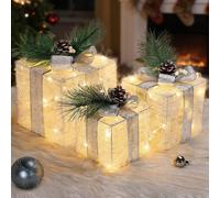 Boîtes cadeaux LED, lot de 3, 60 LED blanc chaud, minuterie, indice de protection IP44, couleur argent