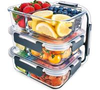 Boîtes de conservation en verre - Boîtes pour la préparation des repas - Préparation des repas - Trois compartiments hermétiques - Ensemble de 3 boîtes de 980 ml - Transparent gris