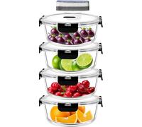 Boîtes de conservation en verre - Lot de 4 × 1300 ml avec couvercle - Verre borosilicaté - Sans BPA - Compatibles micro-ondes et lave-vaisselle - Éponge de nettoyage incluse - Transparent