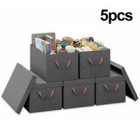 Boîtes de rangement avec couvercle - Lot de 5 pliables - Noir - Avec poignées - En tissu non tissé - Structure métallique - Réutilisables