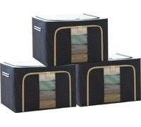 Boîtes de rangement avec couvercle - Structure en métal, tissu Oxford, extra grande (bleu marine : 100 litres, 3 pièces)