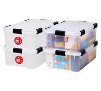 Boîtes de rangement en plastique transparent, étanches et hermétiques, de la marque Iris Ohyama, capacité de 30 litres, lot de 4. Elles sont robustes, dotées de fermetures à cliquet, empilables, protè