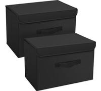 Boîtes de rangement pliables en tissu avec couvercle et poignée, noires, lot de 2, dimensions : 38 x 25 x 25 cm, tissu non tissé de 80 g/m², insert en carton renforcé de 2 mm, capacité jusqu'à 5 kg