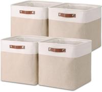 Boîtes de rangement pliables Mangata, boîtes en tissu de lin tissées de 25 cm avec poignées en cuir, 4 pièces (kaki clair et blanc)
