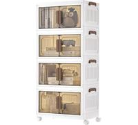 SONGMICS Boîte de Rangement, Organisateur à 4 Niveaux avec 1 Couvercle, Empilable, sur Roulettes, Plastique, Double Porte Magnétique, Blanc, 25 L par Niveau, 100 L au Total, RLB445WZ01