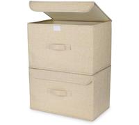 Boîtes de rangement pliables Unyqoos® avec couvercle et poignée frontale – 38 x 25 x 25 cm, tissu coton-lin beige, lot de 2, capacité de charge de 5 kg, renforcement en carton de 2 mm
