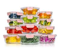 YASHE Boite Alimentaire Verre avec Couvercle Hermétique - Lot de 12 Lunch Box Verre Réutilisables, Sans BPA, Compatibles Micro-ondes, Four, Lave-vaisselle, Congélateur, Rose