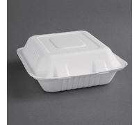 Boîtes repas compostables Fiesta en bagasse avec couvercle à charnière 22,3 cm (200 pièces)