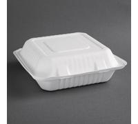 Boîtes repas compostables Fiesta en bagasse avec couvercle à charnière 23,6 cm (200 pièces)