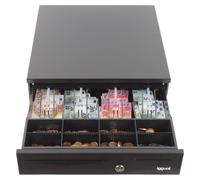 Boîtier de caisse, avec 4 compartiments pour billets et 8 compartiments pour pièces, connecteur RJ11, dimensions 42x40,5x10 cm, couleur noire