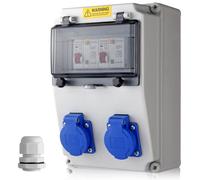 Boîtier de distribution électrique 2 prises de 230V, 16A, IP66, avec disjoncteur différentiel et parafoudre, en ABS