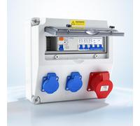 Boîtier de distribution électrique - Boîtier de distribution pour chantier - Avec disjoncteur différentiel - 5 pôles - 2 prises Schuko - 1 prise CEE 16 A - Pour intérieur et extérieur - Couleur : bleu