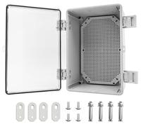 Boîtier de distribution industriel IP65, dimensions 300 x 250 x 170 mm, en ABS, avec couvercle transparent, serrure et plaque de montage. Boîtier électrique étanche
