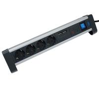 Boîtier de prise électrique en aluminium à 4 voies, avec protection contre les surtensions et interrupteur, 2 prises Schuko, câble de 1,5 mètre, couleur noire