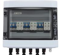 Boîtier de raccordement PV 3 entrées 3 sorties - IP65 IK10 - 25 A par entrée, sortie 25 A - Disjoncteur CC 2P 25 A - Parafoudre T2 2P 20-25 kA 1000 V CC