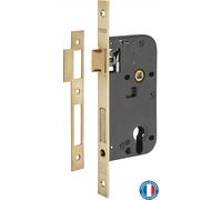 Boitier de serrure encastrable à cylindre pour porte d'entrée, axe 50mm, bouts carrés, têtière laiton brossé - THIRARD