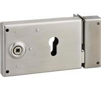 Boitier de serrure horizontale en applique double entrée à fouillot pour portail, droite, axe 52mm, 140x88mm, inox - THIRARD
