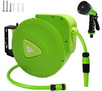 Boîtier pour tuyau d'arrosage - Tuyau de 20 mètres + tuyau de raccordement de 2 mètres - Enrouleur automatique - Support mural pivotant à 180° - Douchette manuelle - Raccord rapide - Couleur : vert