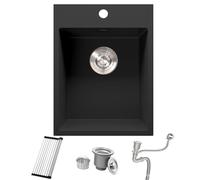 Bokaiya Évier Cuisine en Granit Composite Noir 38x50cm 1 Bac à Encastrer Montage Dessus Meuble 40cm, Kit de Vidange, Kit de Trop-Plein, Grille Enroulable, Siphon, Anti-Rayures, Résistant Chaleur