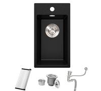 Bokaiya Mini Évier Cuisine Extérieur en Granit Composite Noir 28x50 cm, Petit Lavabo 1 Bac Encastrable Meuble 30 cm, Bonde, Kit Trop-Plein, Grille Enroulable, Siphon, Anti-Rayures et Résistant Chaleur