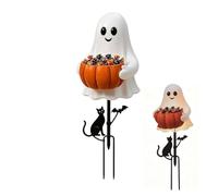 Bol à bonbons d'Halloween, bol à bonbons fantôme en résine, plat à bonbons | Plaque décorative de vacances, fantôme blanc tenant un bol de citrouille orange, métal robuste, base à double broche