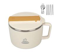 Bol à Nouilles pour -ondes avec Baguettes et Cuillère 1200 Ml en Acier Inoxydable 304 Bol de Cuiseur Ramen Portable avec Couvercle pour la Conception de Fente de Bureau (Beige)