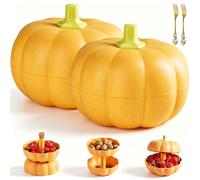 Bol à snacks citrouille à 2 niveaux avec plateaux compartimentés - Support réglable avec couvercle pour Halloween - Plateau de service amovible pour bonbons, fruits et fruits secs (2pcs Orange)
