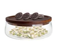 Bol de service en verre, bol à salade en verre transparent avec couvercle en bois, rond pour le stockage des aliments, pour salade de fruits, collations, bonbons, cuisine, salle à manger, fête