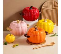 Bol en céramique fait main en forme de citrouille avec couvercle - Un pot à ragoût multifonctionnel résistant à la chaleur et facile à nettoyer, disponible en couleurs rouge vif, orange, jaune et rose