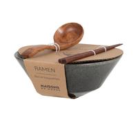 Bol ramen en céramique kaki foncé avec cuillère et baguette en bois dacacia 21x8x21cm Vert