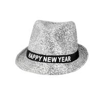 Boland 13450 - Chapeau Sparkling Happy New Year, argent avec paillettes, fedora scintillant pour le Nouvel An, bandeau avec écriture, accessoire, cadeau