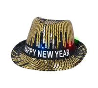 Boland 13459 - Chapeau LED Happy New Year avec lumières et paillettes, fedora scintillant pour le réveillon du Nouvel An, ruban avec inscription