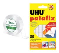 Bolatus 5m Ruban Adhésif Double Face Extra Fort Transparent, Double Face & UHU Patafix blanche - pastilles adhésives prédécoupées, pâte à fixer, repositionnables, blanche, 80 pastilles