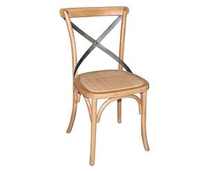 Bolero Chaise en bois naturel avec dossier croisé en métal (lot de 2), finition bois naturel, assise en rotin et structure en chêne, hauteur d'assise : 470 mm, GG656