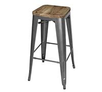 Bolero Tabouret Bistro Haut en Acier avec Assise en Bois Gris Metal (Lot de 4), Gris Canon de Fusil, Structure en Acier galvanisé et Assise en frêne, empilables, Hauteur d'assise : 760 mm, GM639