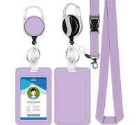 bolimoss Cordon violet avec porte-carte pour le cou - Pour femme - Avec clip rétractable - Porte-badge en plastique pour carte d'identité - Pour entreprise, bureau, école (déverrouillage rapide)