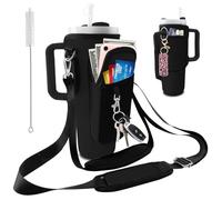 bolimoss Stanley - Porte-gobelet en néoprène isotherme, noir, pour gobelets de 15,1 l, accessoires de tasse Stanley, 2 sangles réglables et 3 poches, poche pour téléphone portable, sac de voyage