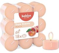 Bolsius - 18 Bougies Chauffe-Plat Parfumées - Pêche - Temps de Combustion Long de 6 Heures - Diamètre 39 mm - Extraits Naturels - Contient de la Cire Végétalienne - Sans Huile de Palme