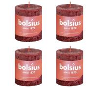 Bolsius - Lot de 4 bougies pilier rustiques - Rouge foncé - Longue durée de combustion de 35 heures - Non parfumée - Cire végétalienne naturelle - Sans huile de palme - 8 x 7 cm