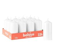 Bolsius - Lot de 12 bougies piliers lisses - Blanches - 12 x 6 cm - Décoratives - Durée de combustion de 33 heures - Non parfumées - Contient de la cire végétale naturelle - Sans huile de palme