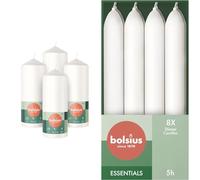 Bolsius Lot de 4 bougies piliers lisses - Blanc - 15 x 6 cm - Bougies décoratives pour la maison & 8 bougies coniques blanches - 17 cm - Longue durée de combustion de 5 heures